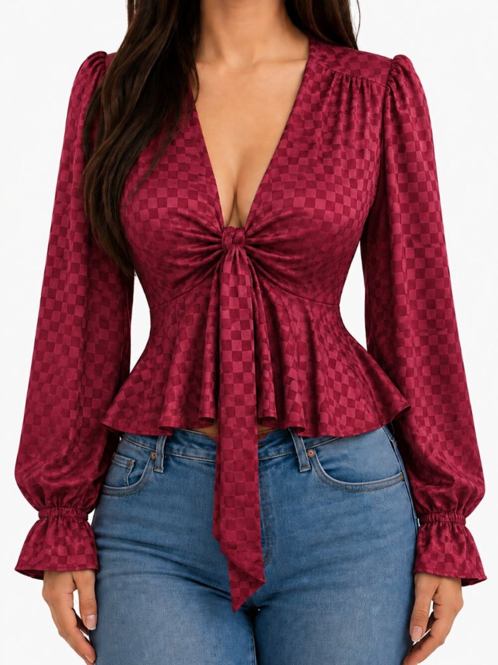 WAYF Burgundy Checkered Tie Front Peplum Blouse NWT Size M